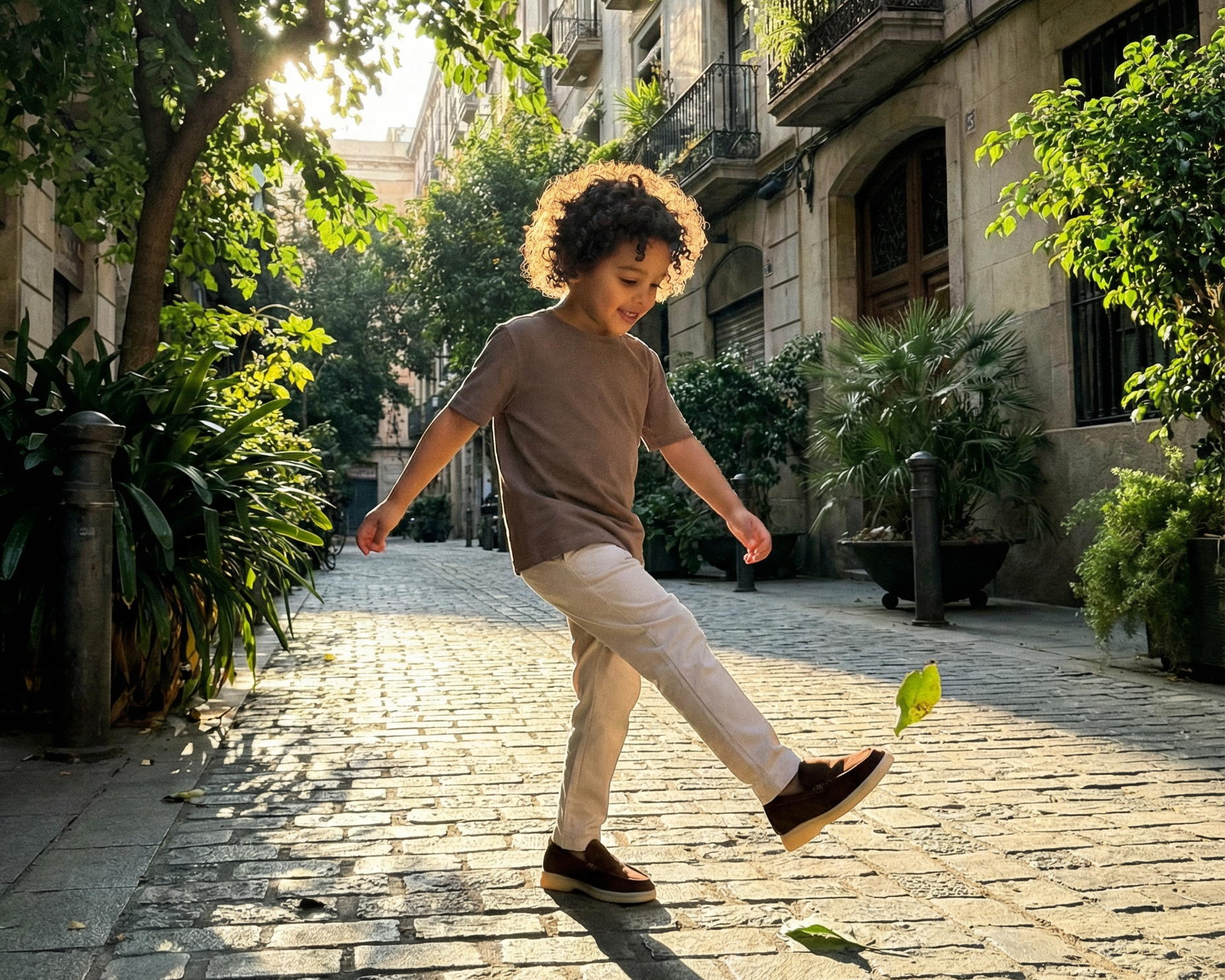 Child playing on a sunlit street with buildings and greenery in the background1621243260e1af0c20-0